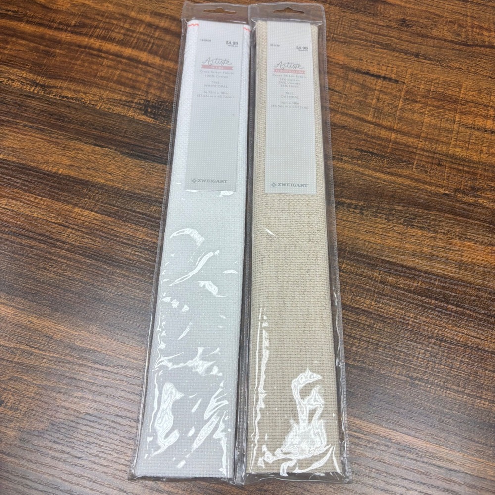 New Artiste Zweigart 14 Count Aida Cross Stitch Fabric White Opal Oatmeal 2 Pack